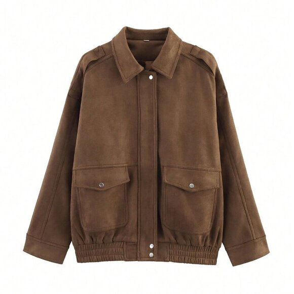 Brown Casual Women's Zip  upfaux Suede Bomber Jacket Coat - Picture 3 of 8